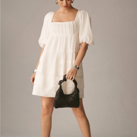 Anthropologie White Puff Sleeve Dress Women’s M Smocked Back Cottagecore tiered - Picture 2 of 10
